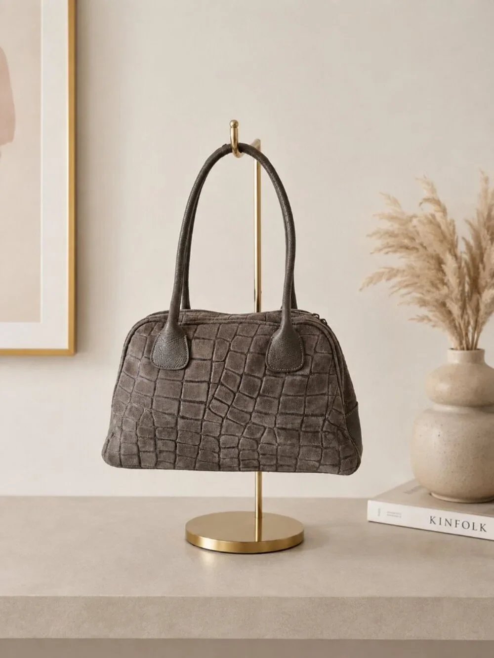 Taupe Italian Leather & Croc-Embossed Suede Shoulder Bag – Large Dome Handbag